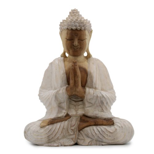 Kézműves Buddha Szobor - 30cm Üdvözlő - Fehér Súrolt