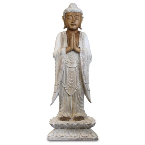 Kézműves Buddha Szobor - 100 cm Üdvözlő - Fehér Súrolt