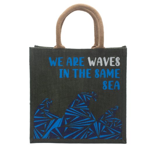 Juta Táska Felirattal - We are Waves - Szürke, Kék és Natúr