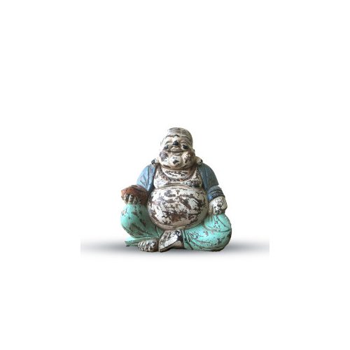 Vintage Kék és Türkiz Kézi Faragású Buddha Szobor - 30cm - Boldog