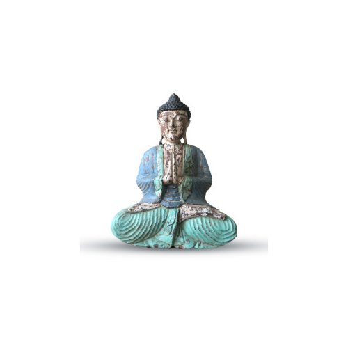 Vintage Kék és Türkiz Kézi Faragású Buddha Szobor - 40cm - Üdvözlő